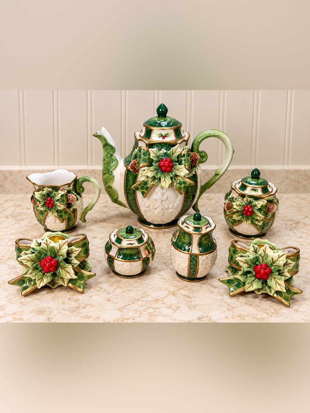 Vintage Christmas 7-Piece Ceramic Teapot Set with Shakers, Creamer & Candle Hold